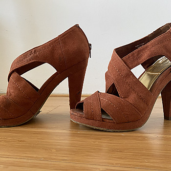 Red/brown "suede" high heels (not real leather)